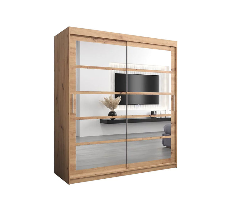 Roma II Oak Artisan Stylish Sliding Door Wardrobe with Mirrored Panels and Silver Handles