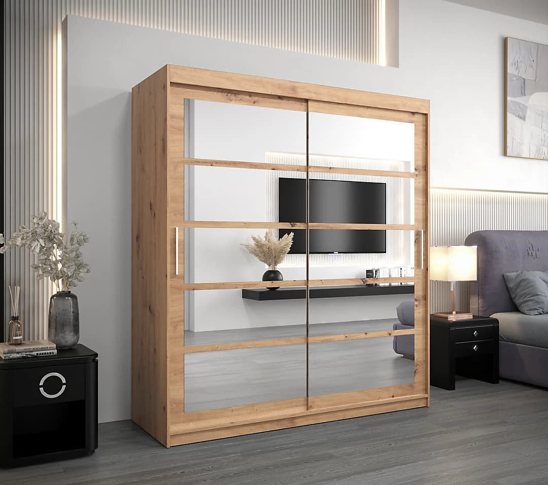 Roma II Oak Artisan Stylish Sliding Door Wardrobe with Mirrored Panels and Silver Handles