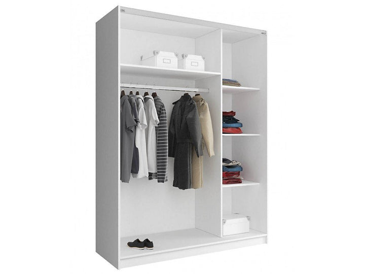 Mika 3 Contemporary Mirrored Wardrobe 4 Shelves 1 Hanging Rail 2 Sliding Door in White Matt Finish