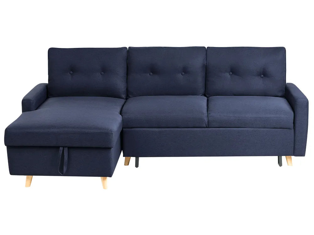 Corner Sofa Bed 4 Seater FLAKK Fabric Navy Blue with Storage Right Hand