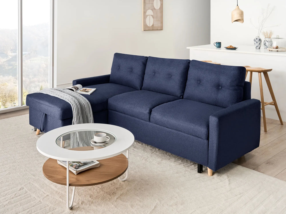 Corner Sofa Bed 4 Seater FLAKK Fabric Navy Blue with Storage Right Hand