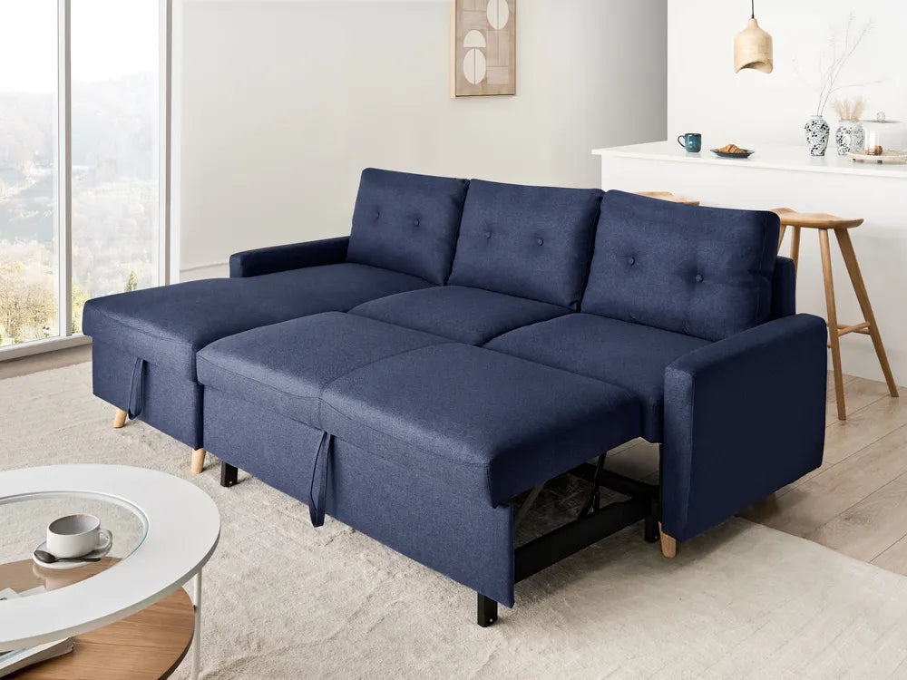 Corner Sofa Bed 4 Seater Fabric Navy Blue with Storage Right Hand Skiatook