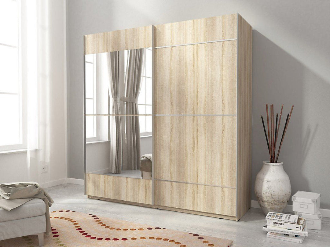 Mika 4 Contemporary 2 Sliding Door Wardrobe 1 Mirror Door 4 Shelves 1 Hanging Rail Oak Effect