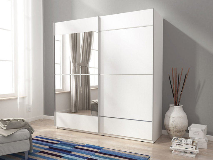 Mika 4 Contemporary 2 Sliding Door Wardrobe 1 Mirror Door 4 Shelves 1 Hanging Rail White Matt Finish