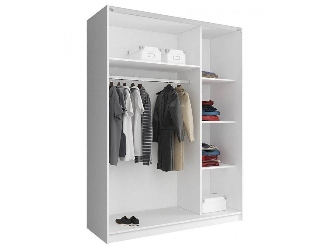 Mika 4 Contemporary 2 Sliding Door Wardrobe 1 Mirror Door 4 Shelves 1 Hanging Rail White Matt Finish