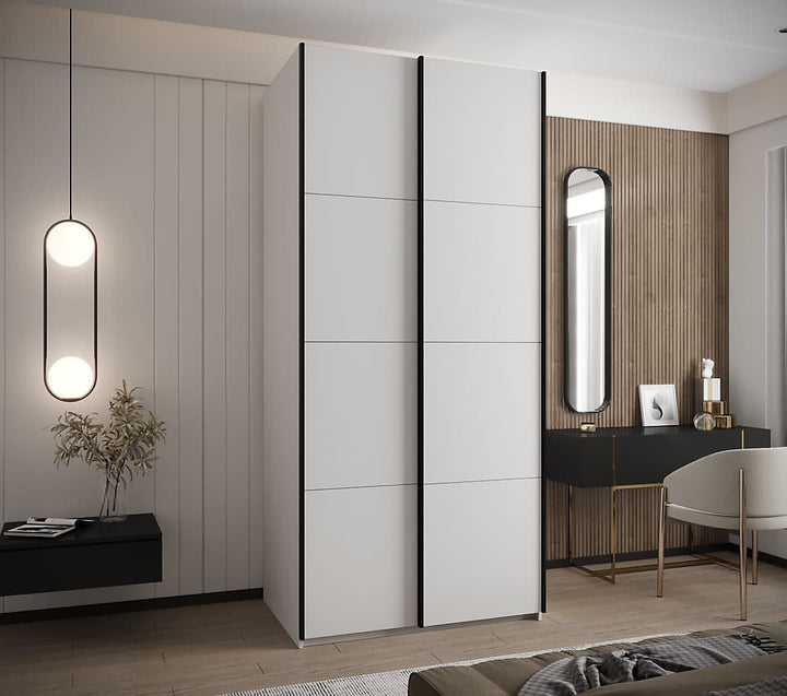 Trosa I Stylish White Sliding Door Wardrobe with Black Steel Handles