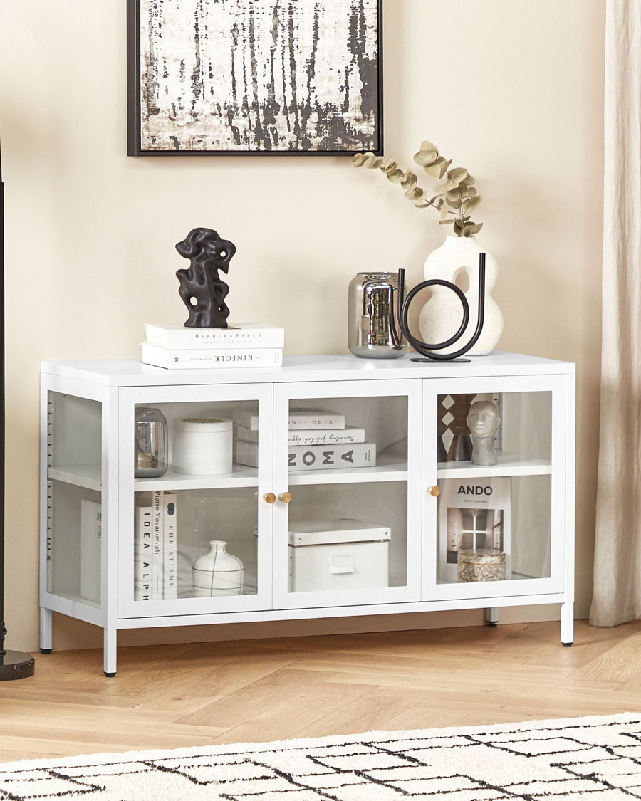 Newport 3 Door Metal Sideboard with Glass Display White