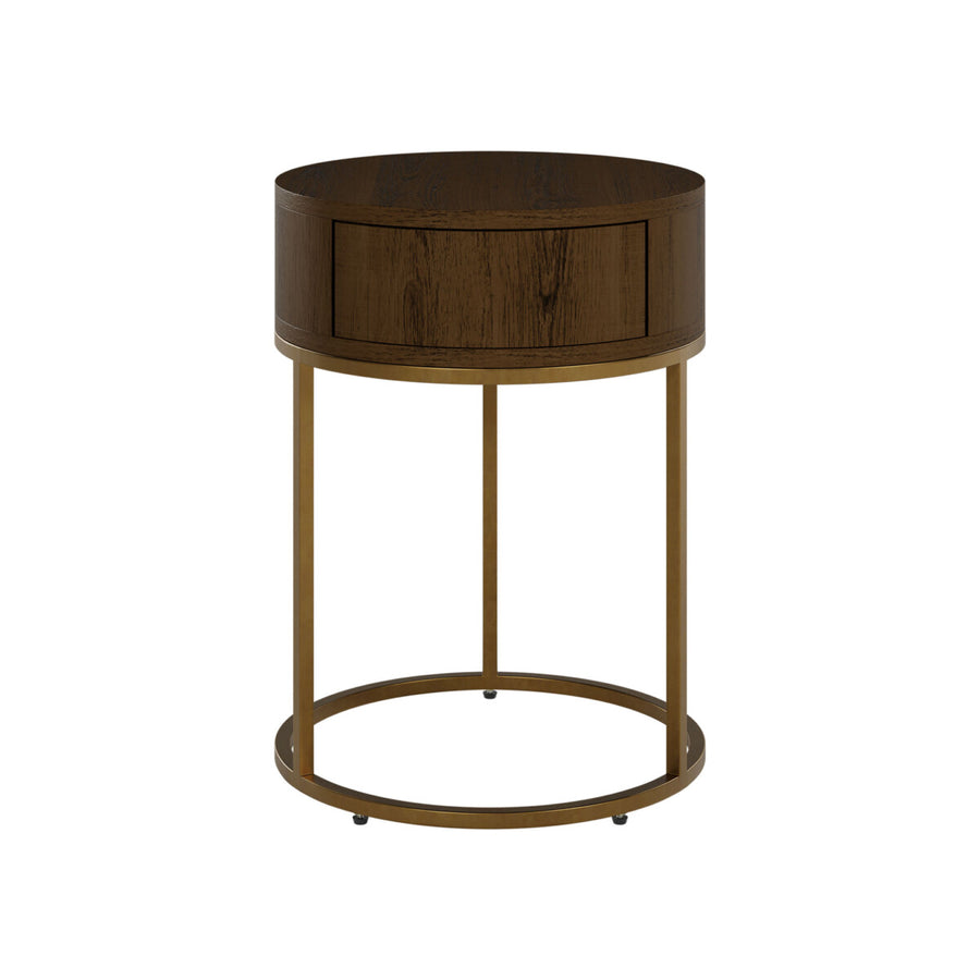 Wooden side table with round design on a white background