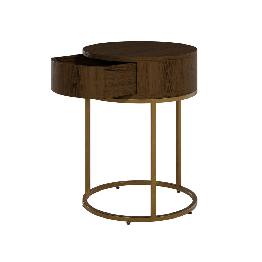 Round wooden side table with a metal base on a white background