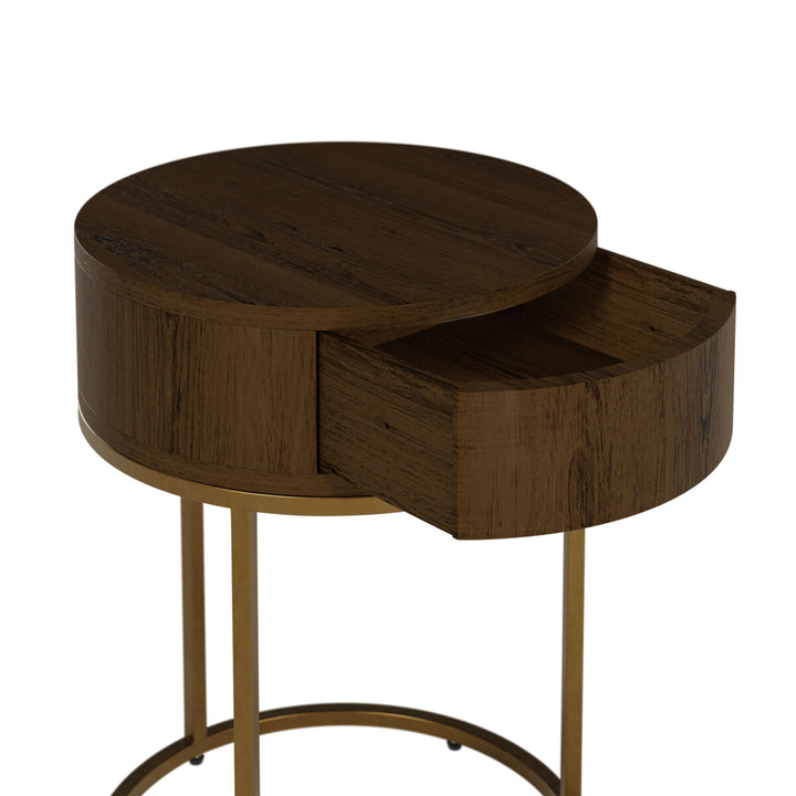 D.I. Designs Hampton Brown Oak Wood & Gold Round Bedside Table