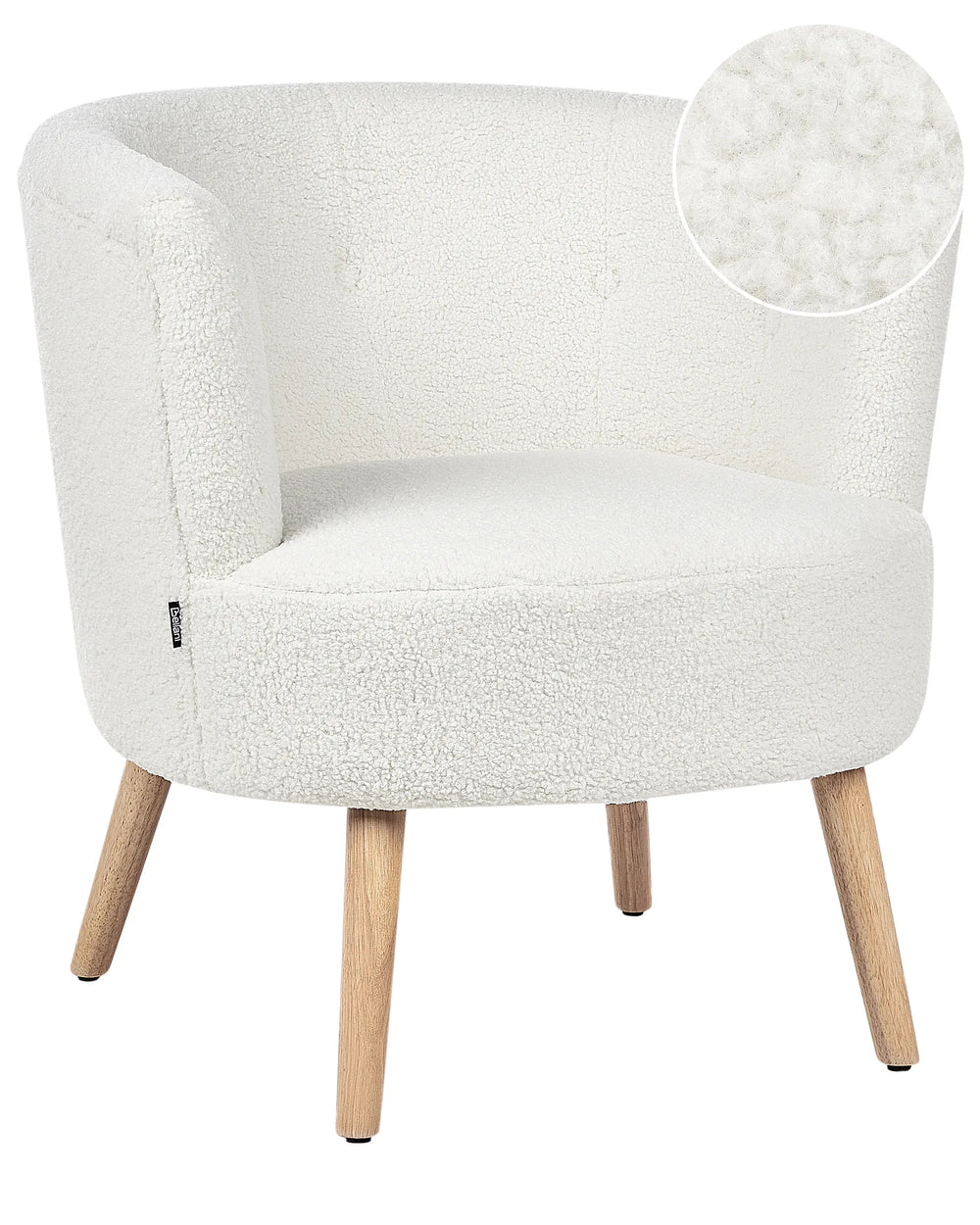 White textured armchair with wooden legs on a white background