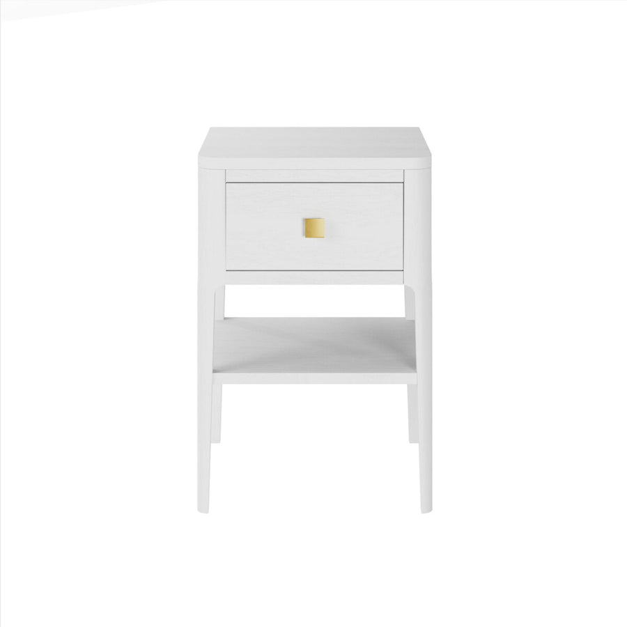 White nightstand with a gold handle on a white background