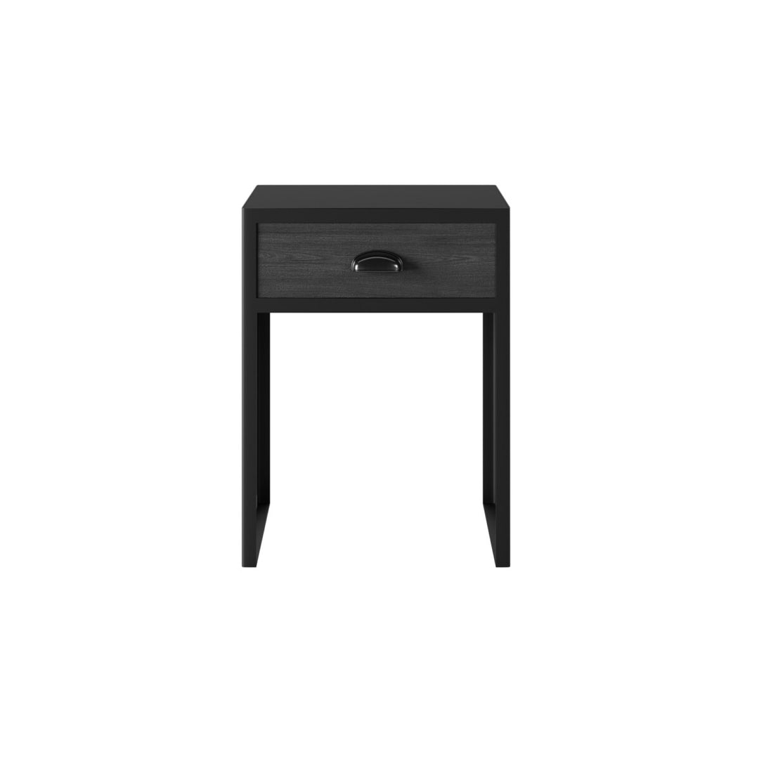 Black side table with a drawer on a white background