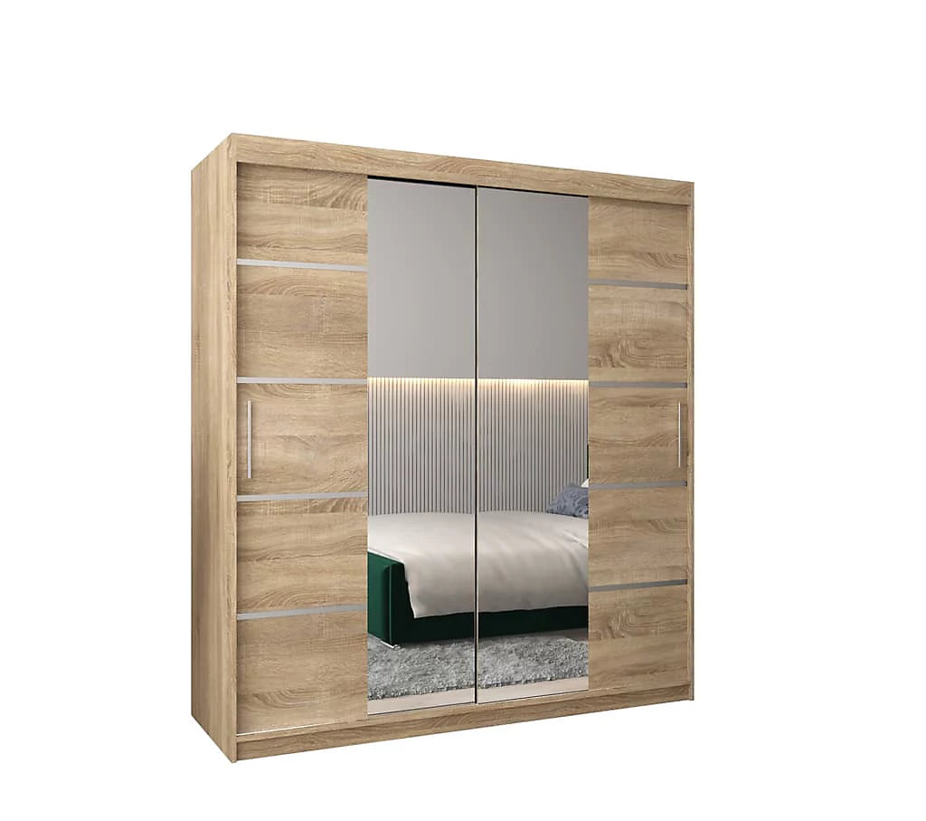 Verona 04 Contemporary 2 Mirrored Sliding Door Wardrobe 9 Shelves 2 Rails Oak Sonoma Effect