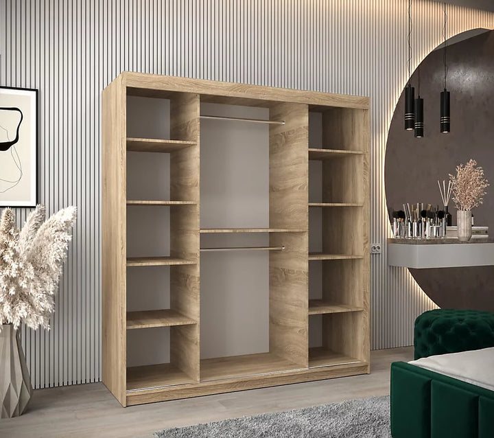 Verona 04 Contemporary 2 Mirrored Sliding Door Wardrobe 9 Shelves 2 Rails Oak Sonoma Effect 180cm