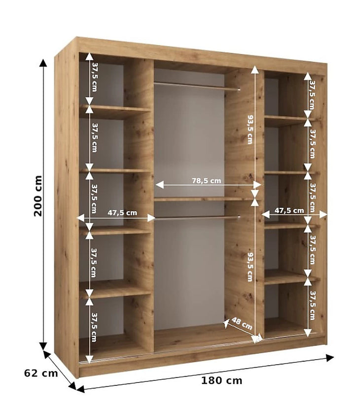 Verona 04 Contemporary 2 Mirrored Sliding Door Wardrobe 9 Shelves 2 Rails Oak Sonoma Effect 180cm