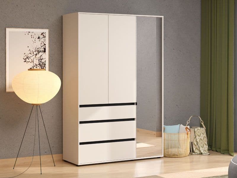 White wardrobe with mirror doors in a room setting with a lamp and basket.