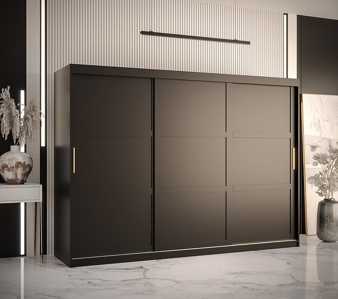 Ramiro I Contemporary 3 Sliding Door Wardrobe 9 Shelves 2 Rails Black Matt