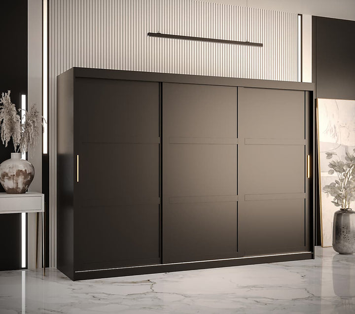 Ramiro I Contemporary 3 Sliding Door Wardrobe 9 Shelves 2 Rails Black Matt