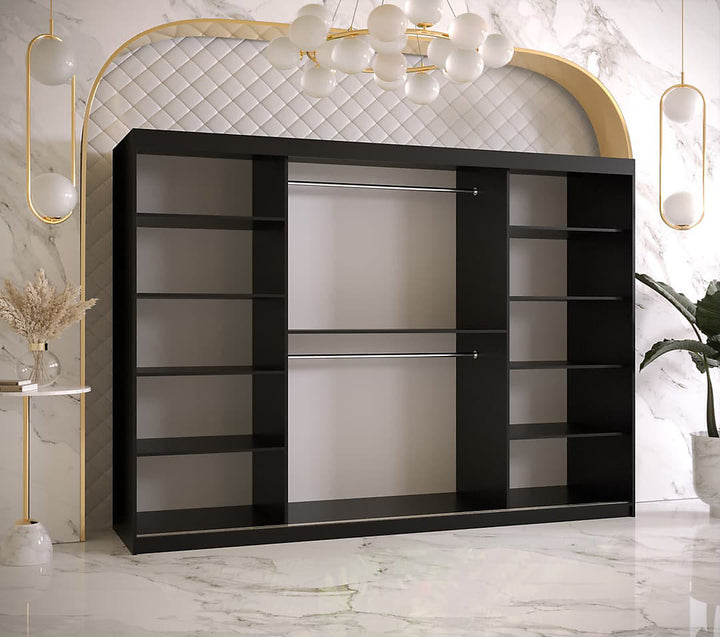 Ramiro I Contemporary 3 Sliding Door Wardrobe 9 Shelves 2 Rails Black Matt 250cm