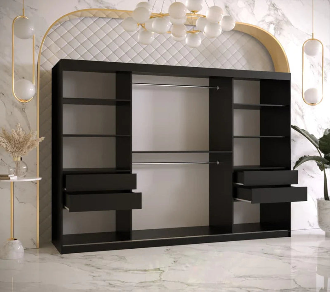 Ramiro I Contemporary 3 Sliding Door Wardrobe 9 Shelves 2 Rails Black Matt 250cm