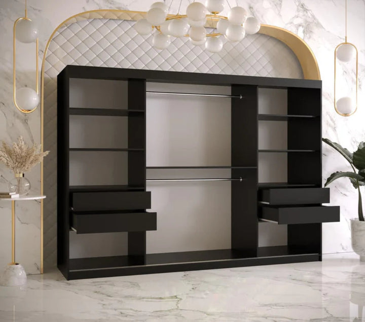 Ramiro I Contemporary 3 Sliding Door Wardrobe 9 Shelves 2 Rails Black Matt 250cm