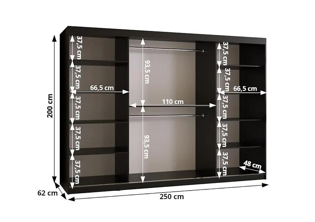 Ramiro I Contemporary 3 Sliding Door Wardrobe 9 Shelves 2 Rails Black Matt 250cm