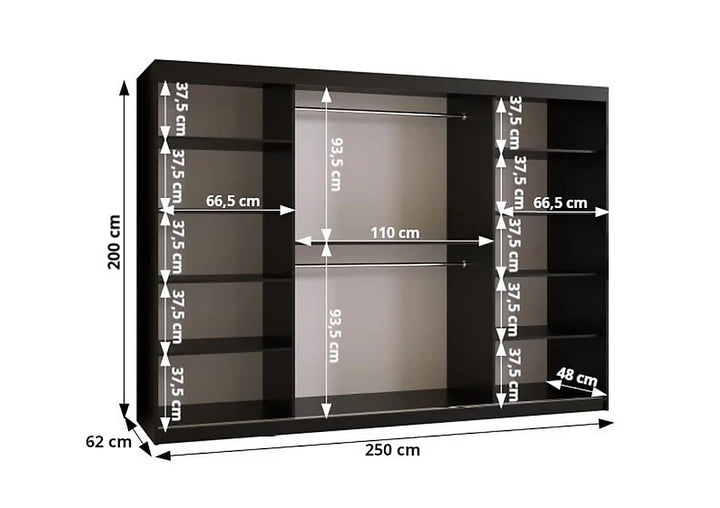Ramiro I Contemporary 3 Sliding Door Wardrobe 9 Shelves 2 Rails Black Matt 250cm