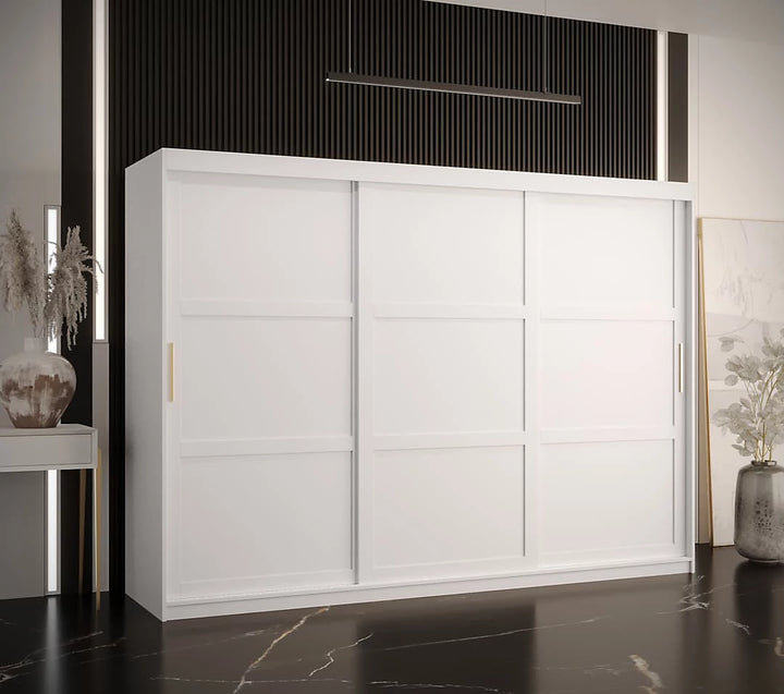 Ramiro I Contemporary 3 Sliding Door Wardrobe 9 Shelves 2 Rails White Matt