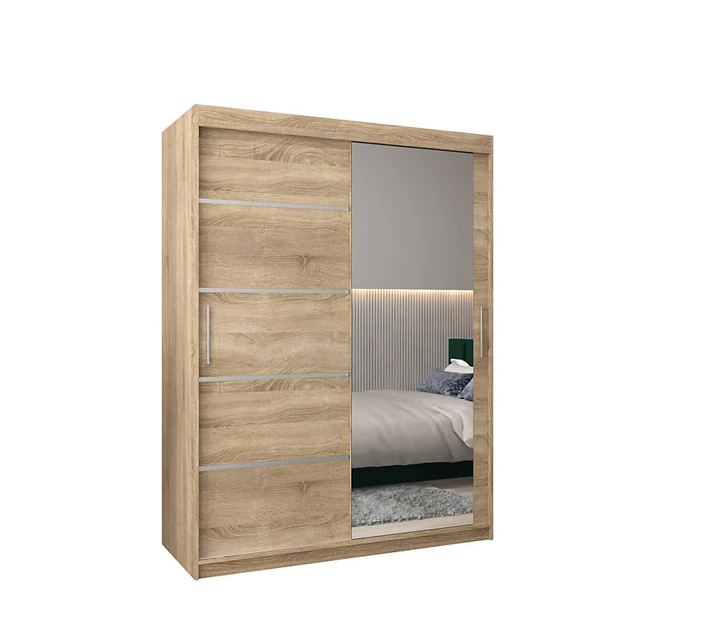 Verona 02 Contemporary 2 Mirrored Sliding Door Wardrobe 5 Shelves 2 Rails Oak Sonoma Effect