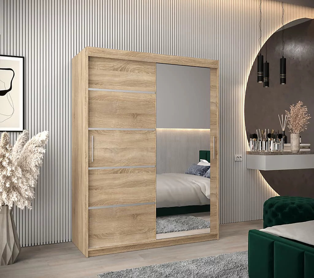 Verona 02 Contemporary 2 Mirrored Sliding Door Wardrobe 5 Shelves 2 Rails Oak Sonoma Effect