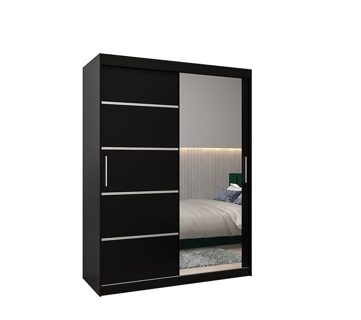 Verona 02 Contemporary 2 Mirrored Sliding Door Wardrobe 5 Shelves 2 Rails Black Matt