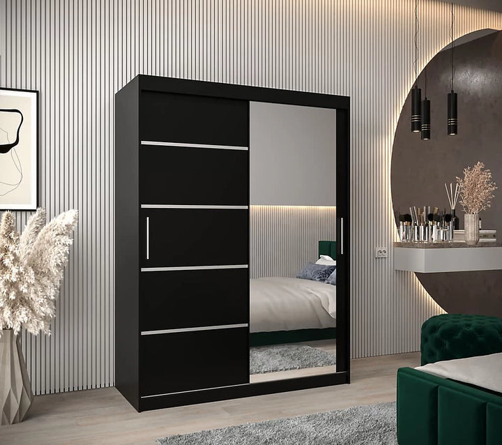 Verona 02 Contemporary 2 Mirrored Sliding Door Wardrobe 5 Shelves 2 Rails Black Matt
