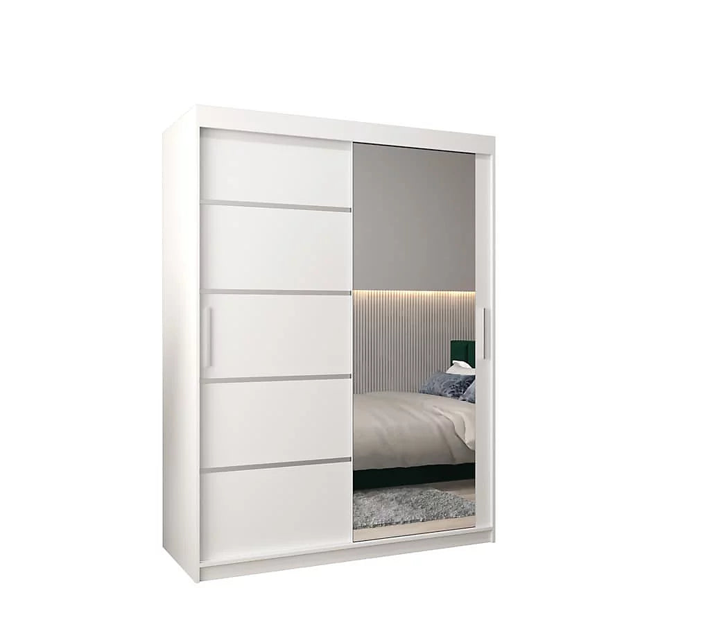 Verona 02 Contemporary 2 Mirrored Sliding Door Wardrobe 5 Shelves 2 Rails White Matt