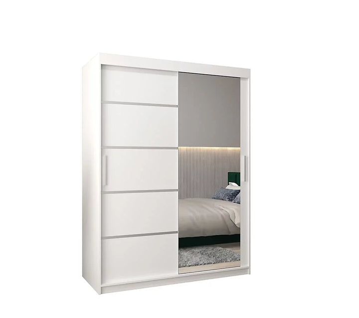 Verona 02 Contemporary 2 Mirrored Sliding Door Wardrobe 5 Shelves 2 Rails White Matt