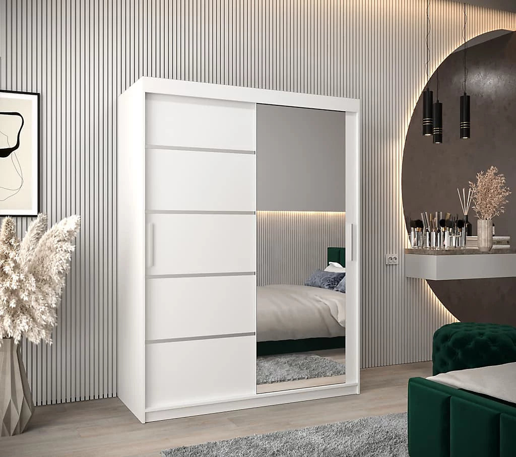 Verona 02 Contemporary 2 Mirrored Sliding Door Wardrobe 5 Shelves 2 Rails White Matt
