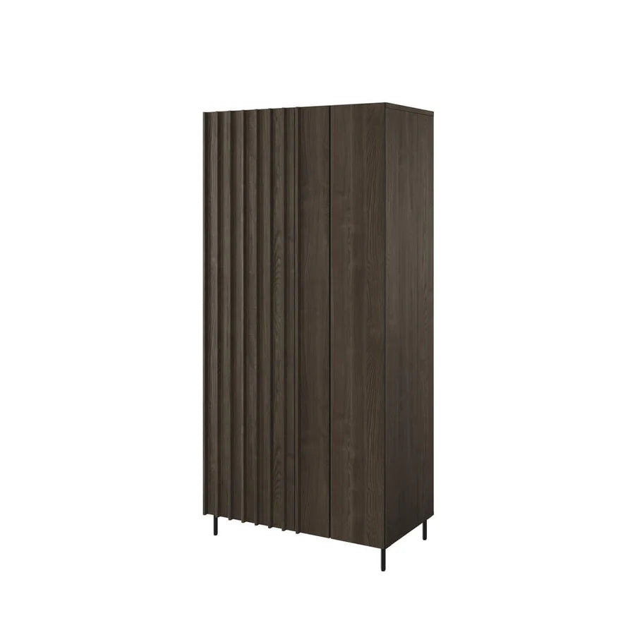 Dark wood cabinet with vertical slats on a white background