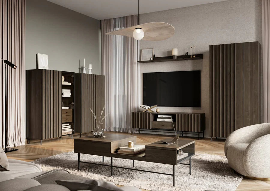 Modern living room with dark wood furniture and neutral decor