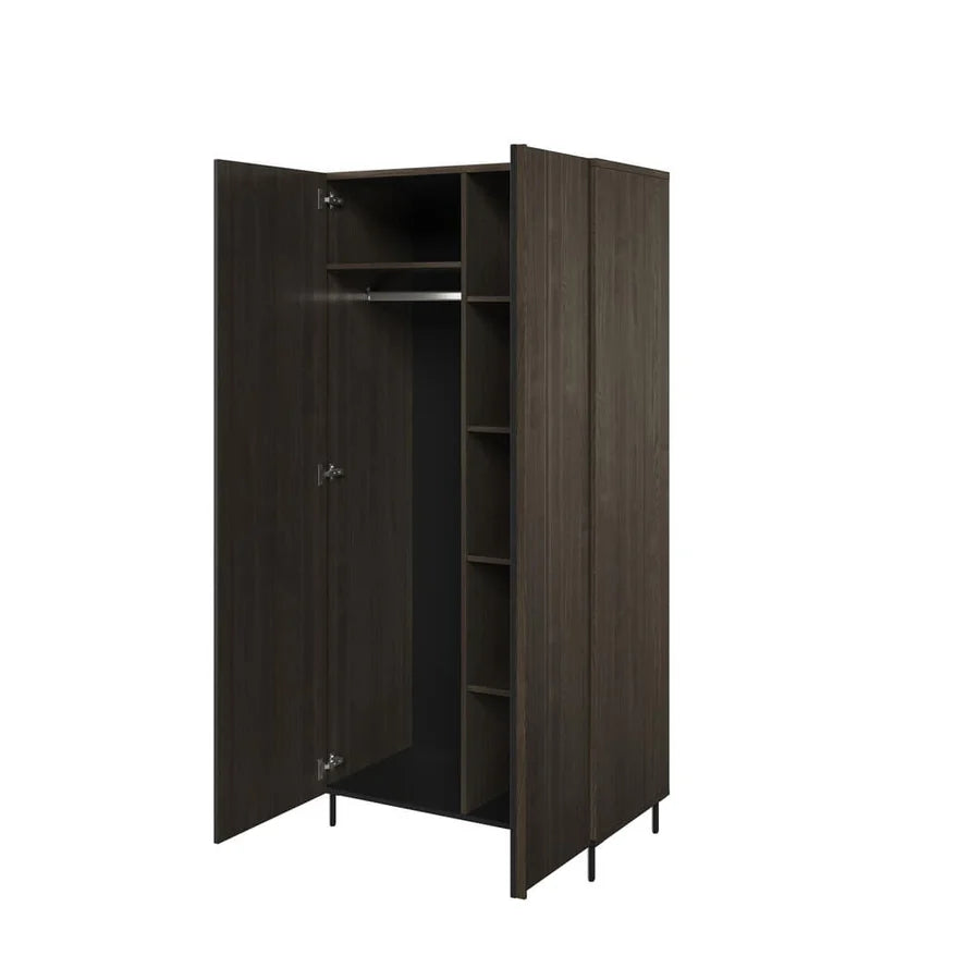 Wooden wardrobe with open doors on a white background