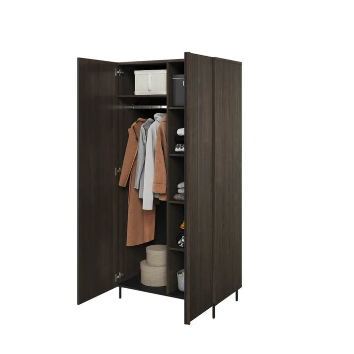 Brown wardrobe with clothes and shoes on a white background