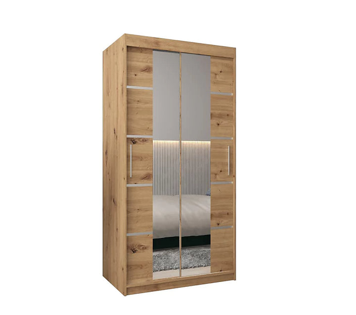 Verona 04 Contemporary 2 Mirrored Sliding Door Wardrobe 5 Shelves 2 Rails Oak Artisan Effect