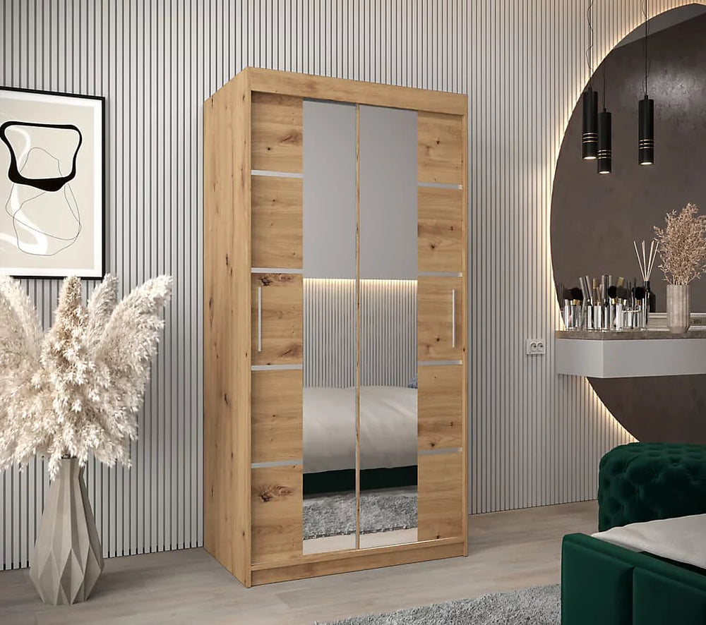 Verona 04 Contemporary 2 Mirrored Sliding Door Wardrobe 5 Shelves 2 Rails Oak Artisan Effect
