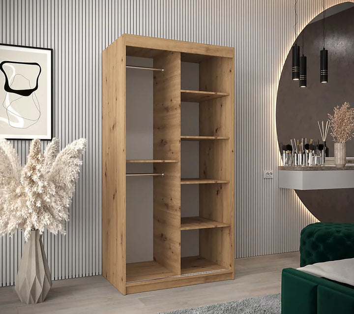 Verona 04 Contemporary 2 Mirrored Sliding Door Wardrobe 5 Shelves 2 Rails Oak Artisan Effect 100cm