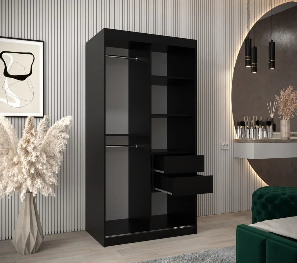 Verona 04 Contemporary 2 Mirrored Sliding Door Wardrobe 5 Shelves 2 Rails Black Matt 100cm