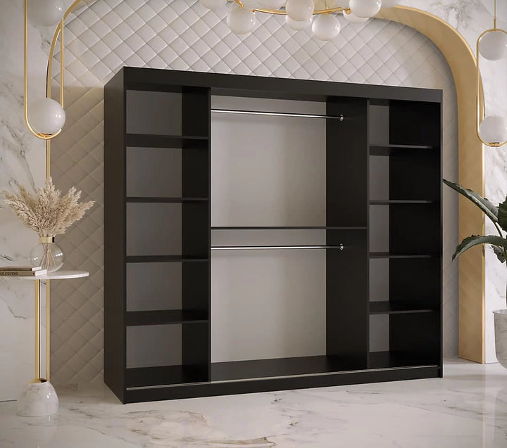 Ramiro I Contemporary 2 Sliding Door Wardrobe 9 Shelves 2 Rails Black Matt 200cm