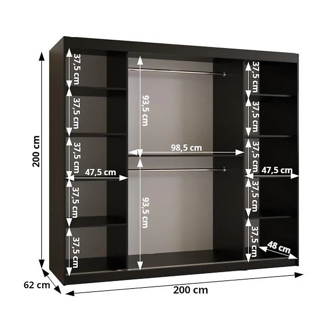 Ramiro I Contemporary 2 Sliding Door Wardrobe 9 Shelves 2 Rails Black Matt 200cm