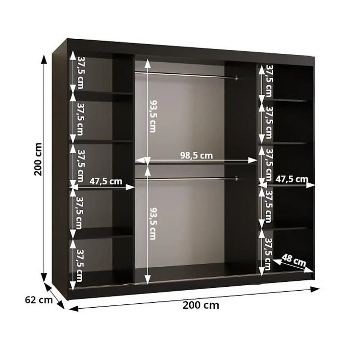 Ramiro I Contemporary 2 Sliding Door Wardrobe 9 Shelves 2 Rails Black Matt 200cm