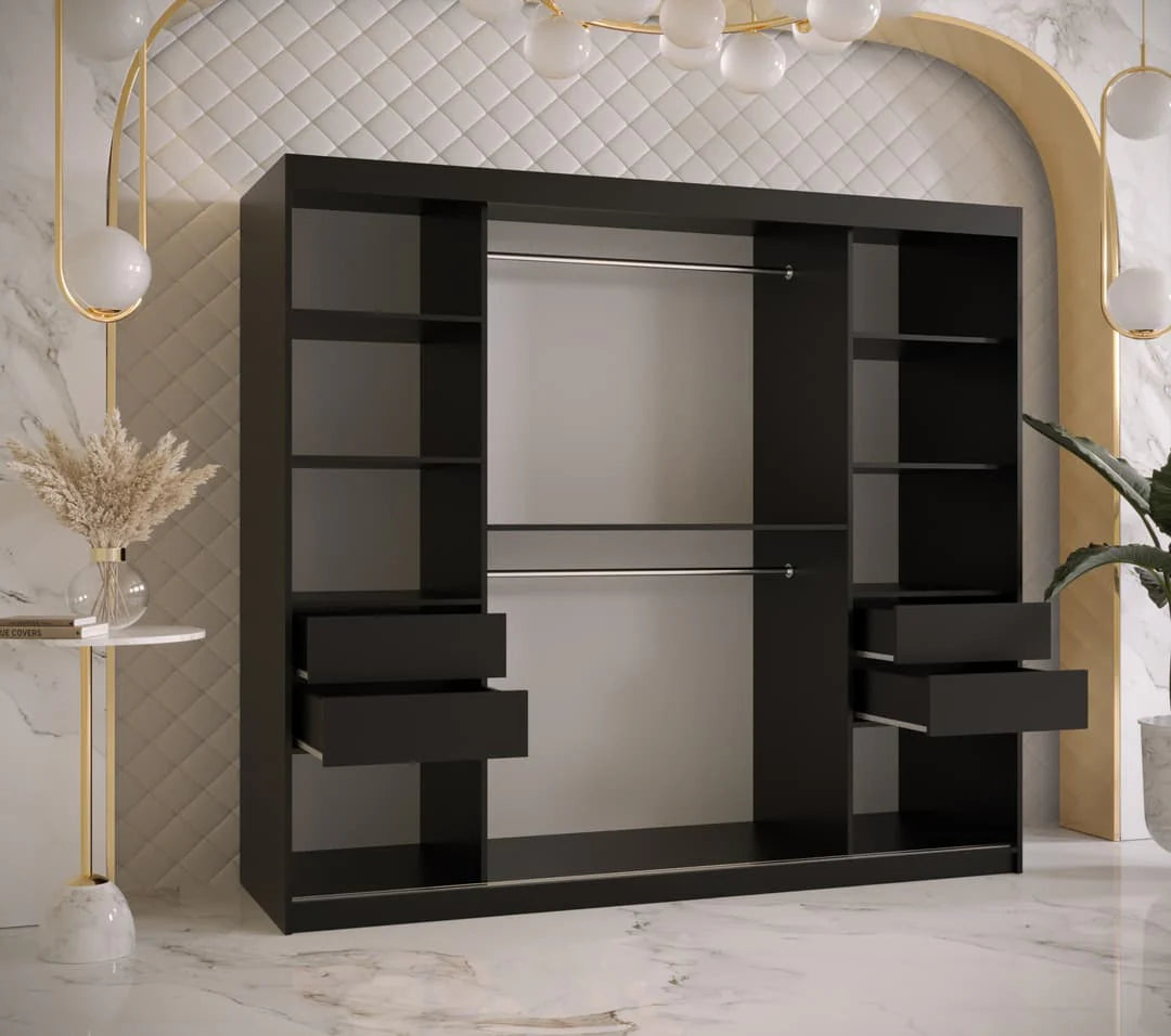Ramiro I Contemporary 2 Sliding Door Wardrobe 9 Shelves 2 Rails Black Matt 200cm