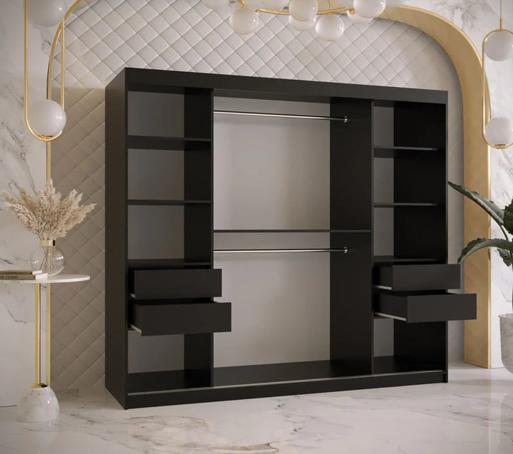 Ramiro I Contemporary 2 Sliding Door Wardrobe 9 Shelves 2 Rails Black Matt 200cm