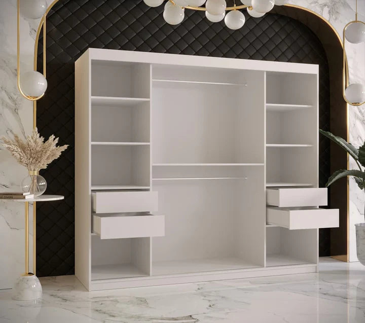Ramiro I Contemporary 2 Sliding Door Wardrobe 9 Shelves 2 Rails White Matt 200cm